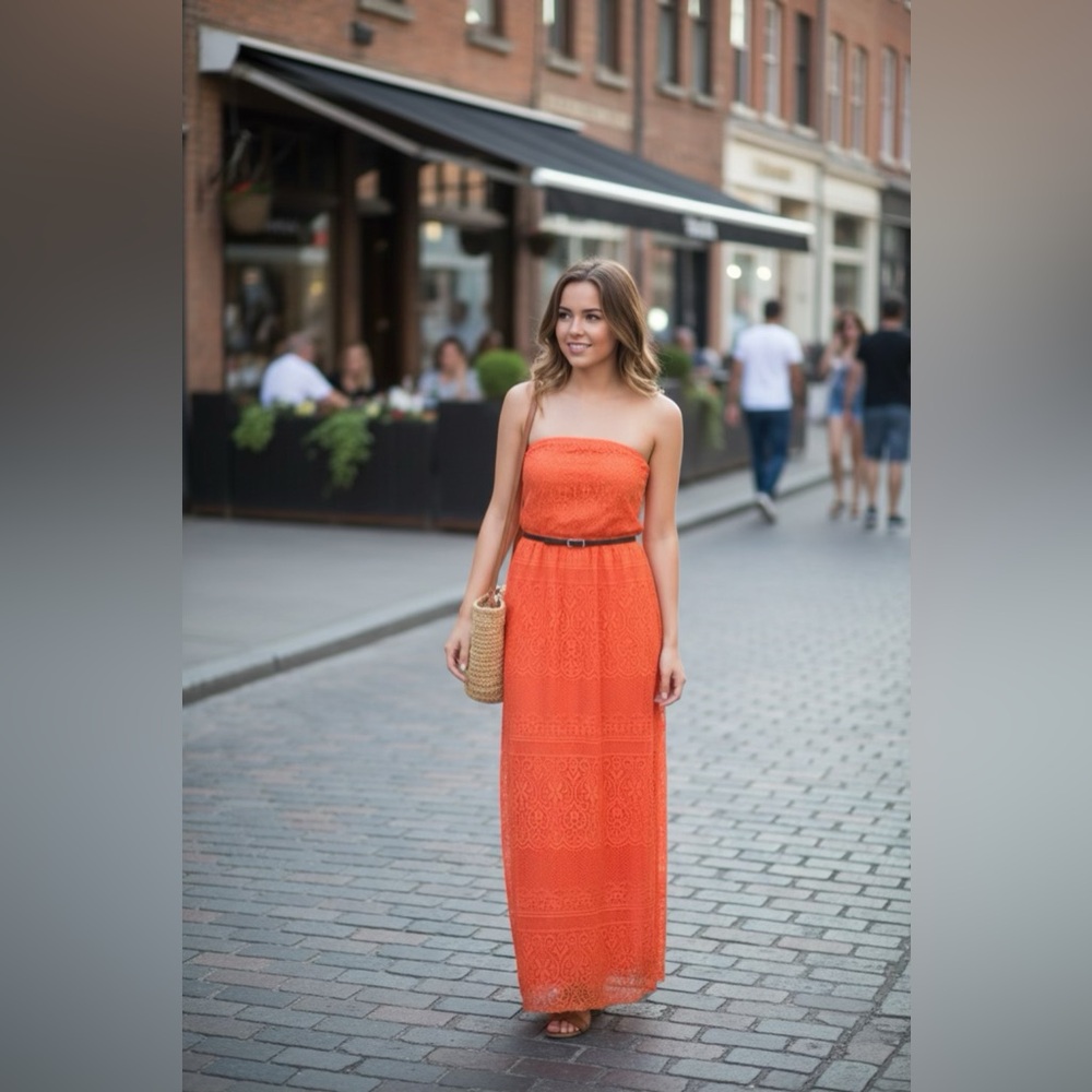 Just Be Vibrant Orange Strapless Lace Dress